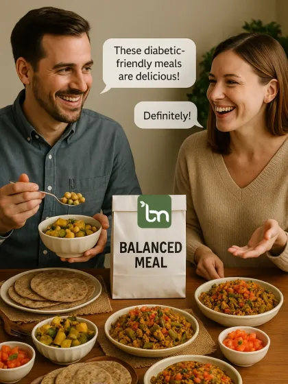Here is a happy couple enjoying a spread of our delicious diabetic-friendly meals. It shows that eating healthy can be a shared, enjoyable experience, with plenty of variety like different sabzis, rotis, and salads to choose from.