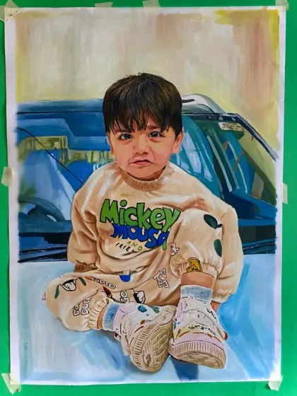 An oil painting capturing the innocence of a child in a Mickey Mouse sweatshirt. The detail in the clothing and the car behind him adds a modern touch to a classic portrait.