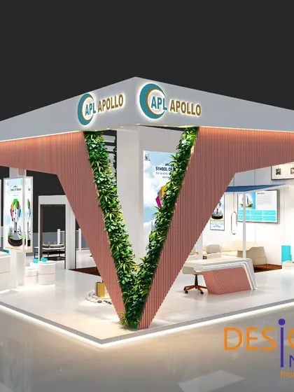 This 3D visualization shows our design for an APL Apollo exhibition booth. We used a bold, V-shaped architectural element with integrated greenery to create a dynamic and unmissable structure that captures attention and draws foot traffic in a busy exhibition hall.