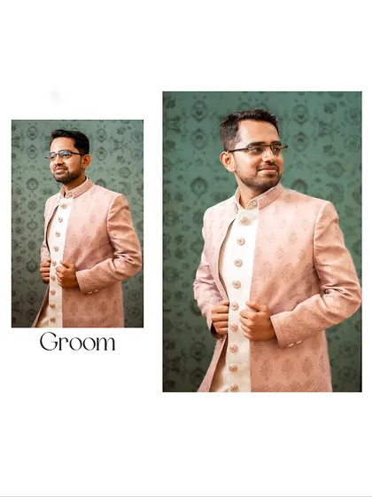 A collage of the groom in his traditional attire, showing both a close-up and a three-quarter length shot.