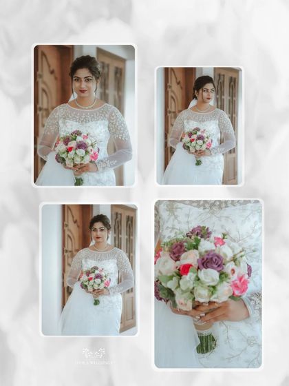 A collage showcasing the bride's portraits and a close-up of her beautiful, multi-colored bouquet.