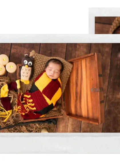 An overhead shot of the Harry Potter newborn setup, showing the baby in a wooden box with a wand and a toy owl.