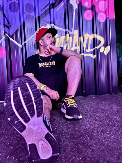 A low-angle shot showing off my kicks and the amazing artwork.