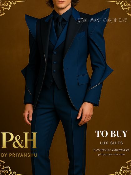 A close-up on the torso of the royal blue and black suit. This angle provides a clear look at the layered lapels and the precise cut of the waistcoat, demonstrating the complexity of the design.