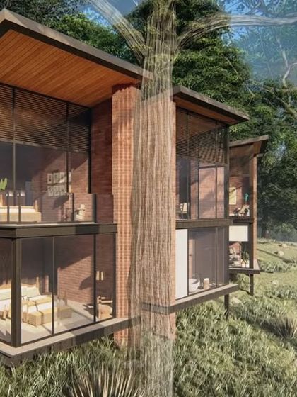 An exterior rendering of the Atlanta project, showing how the building is nestled into the hillside. The design is composed of parts that come together to form a whole, with large glass walls opening up to the surrounding nature.