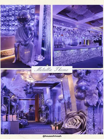 A "Metallic Theme" moodboard, featuring a futuristic and glamorous design in shades of lavender and silver, with metallic balloons, reflective surfaces, and sculptural elements.
