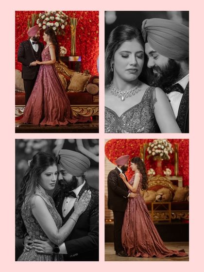 A beautiful collage mixing color and black and white images. This artistic choice highlights the timeless nature of their love and the emotional depth of the moments.