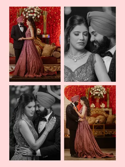 A collage of romantic black and white portraits of the couple, highlighting their emotional connection and the timeless nature of their love.