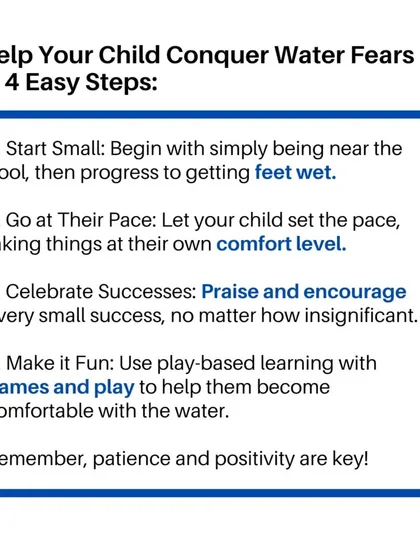 Here are 4 easy steps to help your child conquer water fears. We start small, go at their pace, celebrate every success, and make it fun with games. Patience and positivity are the key ingredients.