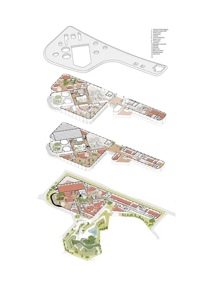 Exploded axonometric drawings of the Piramal School, revealing the complex, layered design of the campus.