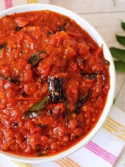 A close-up of my fire-roasted Andhra Tomato Chutney. It’s tangy, spicy, and incredibly addictive, made with ripe tomatoes and a blend of South Indian spices.