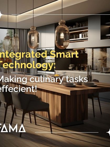 Integrated smart technology makes culinary tasks more efficient. This kitchen and dining space shows how technology can be seamlessly blended into a luxurious design, from smart screens to advanced appliances.
