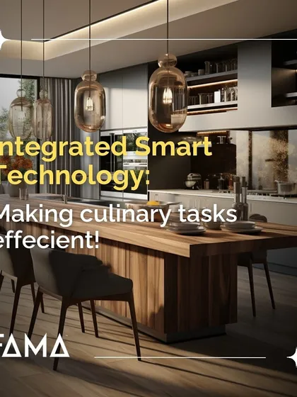 Integrated smart technology makes culinary tasks more efficient. This kitchen and dining space shows how technology can be seamlessly blended into a luxurious design, from smart screens to advanced appliances.