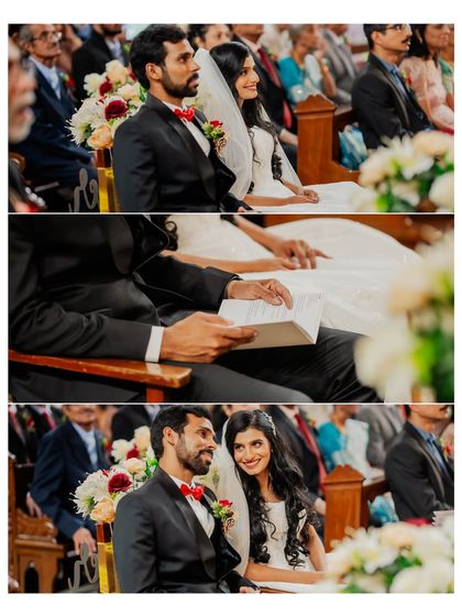 A collage of candid moments between the couple during their church ceremony. The images capture their shared glances and quiet interactions while seated at the front.