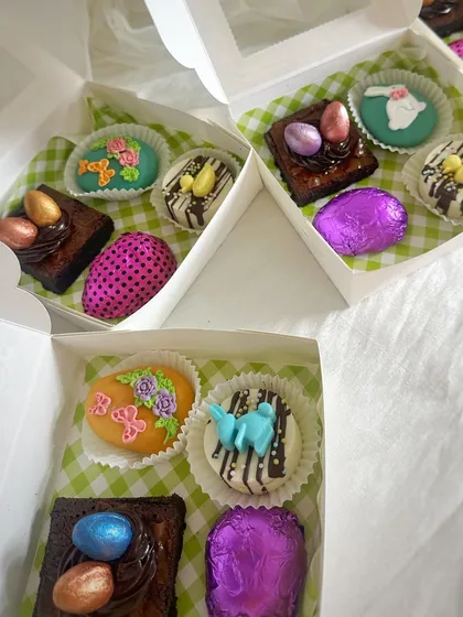I love putting together these Easter gift boxes. Each one can be customized with a different mix of treats, like my marzipan eggs, chocolate-covered Oreos, and egg nest brownies.