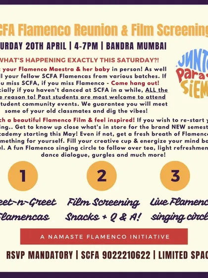 Our SCFA community is a true 'familia'. This graphic details one of our exclusive student gatherings in Mumbai, which include meet and greets, film screenings, and live singing circles. These events are where we connect, share our passion, and build lasting friendships beyond the classroom.
