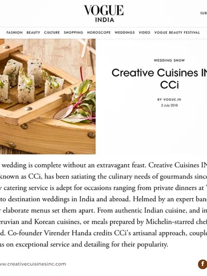 We are honored to be recognized by leading publications like Vogue India. This feature highlights our reputation for creating extravagant feasts and our artisanal approach to catering for exclusive events, from private dinners to destination weddings.