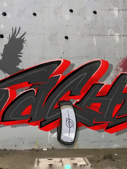 The finished digital concept for my Itachi graffiti piece. I used the character's signature colors and motifs, like the crows and the Uchiha clan symbol.