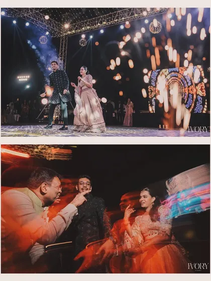 From a grand stage performance to candid moments with family, this collage tells the story of a Sangeet night filled with love and entertainment.