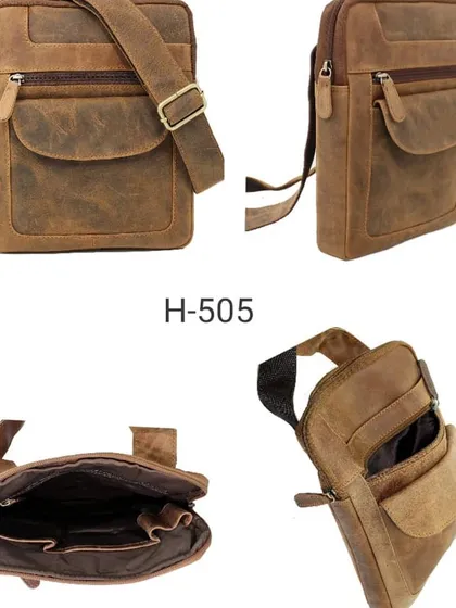 This collage showcases our H-505 model, a distressed leather crossbody sling bag. It provides multiple views, including the adjustable strap, external zippered pockets, and the surprisingly spacious main compartment for daily essentials.