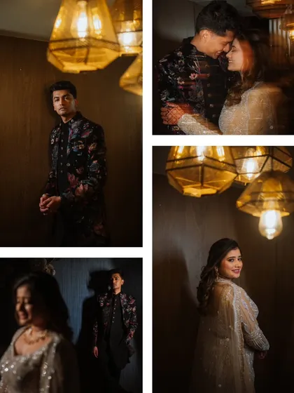 A collection of artistic portraits of Kiran and Veer. I used the warm, ambient lighting from the hanging lamps to create a moody, romantic, and intimate atmosphere.