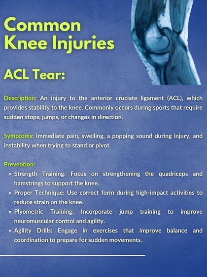 An ACL tear is a common and serious knee injury in sports. This guide explains the symptoms, causes, and most importantly, the prevention strategies we use, including strength training, plyometrics, and agility drills.