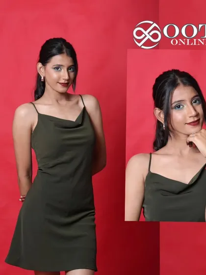 A simple and chic studio portrait for a clothing brand, featuring a model in an olive green slip dress against a bold red background.