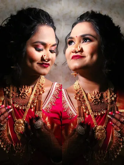 A creative double-exposure style portrait of a bride, showcasing her happy and thoughtful expressions.