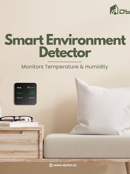 My smart environment detector, shown here on a bedside table, constantly monitors the temperature and humidity in your room. This ensures your personal space is always at an optimal level for healthy living and restful sleep.