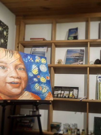 The 'Dewdrops' commission on my easel. You can see the background is partially blocked in, showing how I work from the background forward to create a sense of depth.