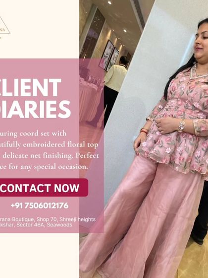 This client is wearing a beautiful co-ord set with an embroidered floral peplum top and palazzo pants. The delicate net finishing on the top adds a touch of elegance.