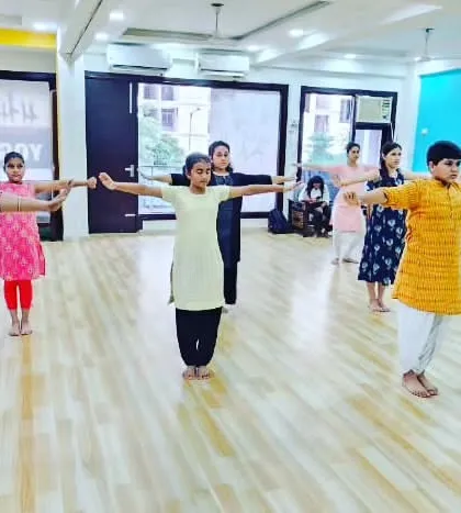 The 'Araimandi' or half-sitting posture is fundamental to Bharatanatyam. Our students work on perfecting this stance to build stamina and grace.
