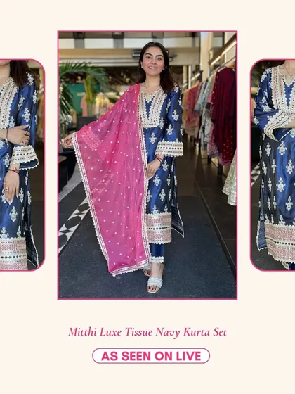 The Mitthi Luxe Tissue Navy Kurta Set is a rich and elegant choice. The tissue fabric gives it a beautiful sheen, perfect for evening events.
