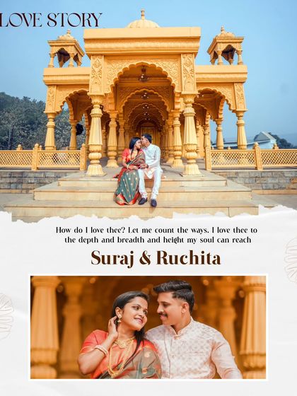 A breathtaking wide shot of the couple in front of a golden temple-like building, creating a powerful and epic "Love Story" image.