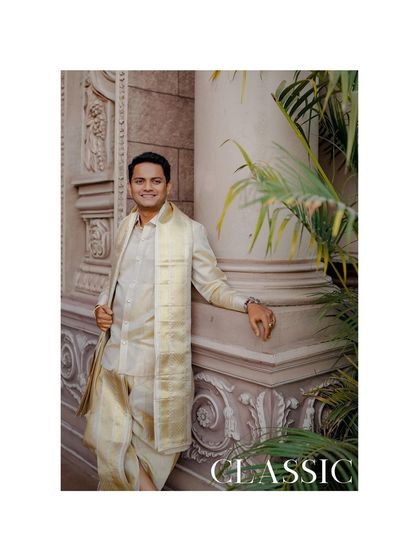 A classic portrait of the groom in his wedding dhoti, with the word "Classic" overlaid.