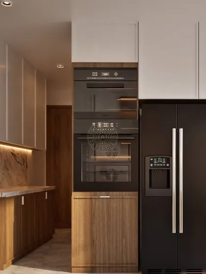 A render showing the built-in appliances, including ovens and a large refrigerator, seamlessly integrated into the kitchen cabinetry for a sleek and uncluttered look.