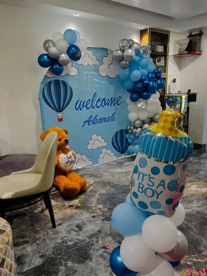 Another angle of the 'Welcome Baby' setup, showing the 'It's a Boy' foil balloon.