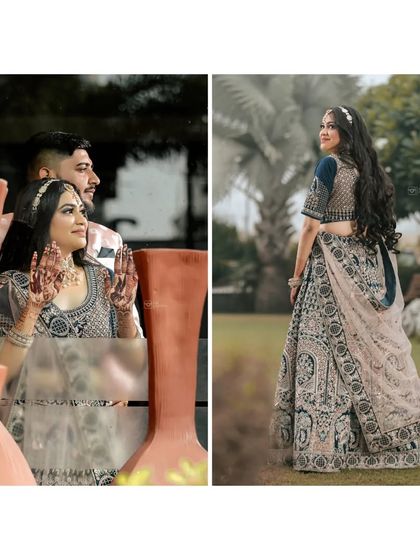 A creative diptych capturing the couple through a window and a full-length portrait of the bride showing off her unique lehenga.