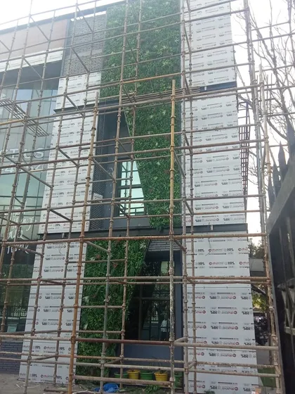 A front-on view of the large-scale vertical garden installation, showcasing our ability to handle major construction projects.