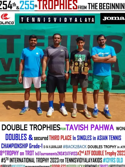 Double trophies for Tavish Pahwa, winning doubles and securing third place in singles at the Asian Tennis Championship Grade-1.