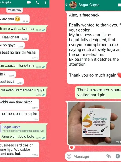 The true success of a logo is how it is received. This feedback from Sagar Gupta, years after I designed his business card, shows how a well-designed logo continues to attract attention and compliments.