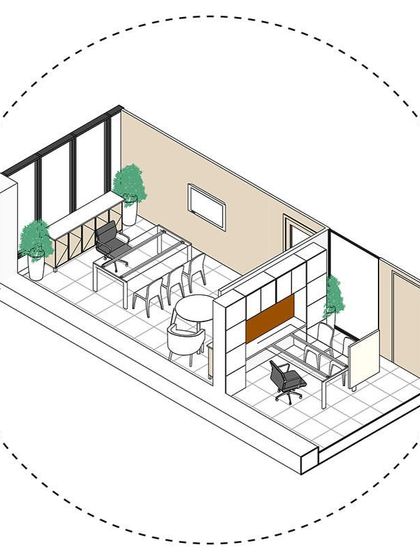 This axonometric drawing details a corner cabin and adjacent workstations in the IHCL office. It illustrates how we integrate private offices with open-plan areas while maintaining a cohesive design.