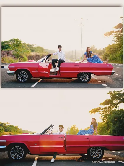A wide shot of the couple with their classic car, capturing the feeling of a romantic road trip adventure.