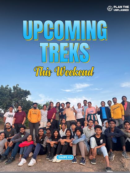 A large group of trekkers posing together on a sunny day. Swipe to see our full lineup of weekend adventures.