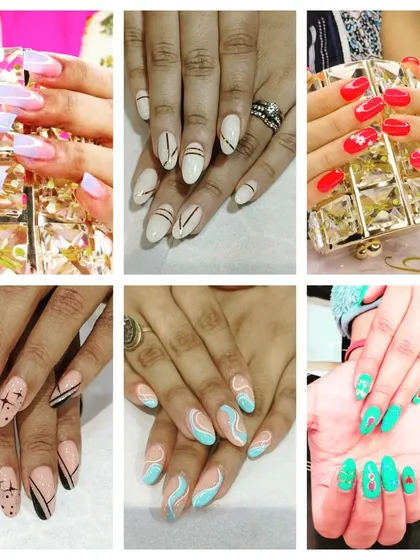 This collage shows the wide range of nail art I can create. From geometric lines and abstract swirls to bold colors and ombre effects, I can customize a design that is completely unique to you.