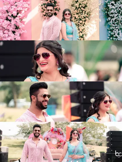 Candid moments from a pastel-themed Haldi, showing the happy couple enjoying the daytime festivities in their stylish sunglasses.