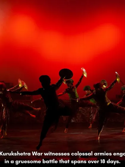 The Kurukshetra war was a colossal battle spanning 18 days. In our production, we use powerful, energetic choreography and dramatic lighting to depict the scale and intensity of the conflict that arose from the injustice done to Draupadi.