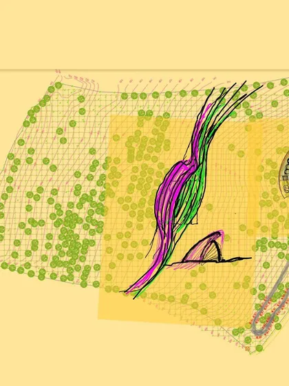 A site analysis sketch, where I overlay my initial design thoughts onto the land's topography. This helps me ensure the building responds thoughtfully to its specific site and natural features.