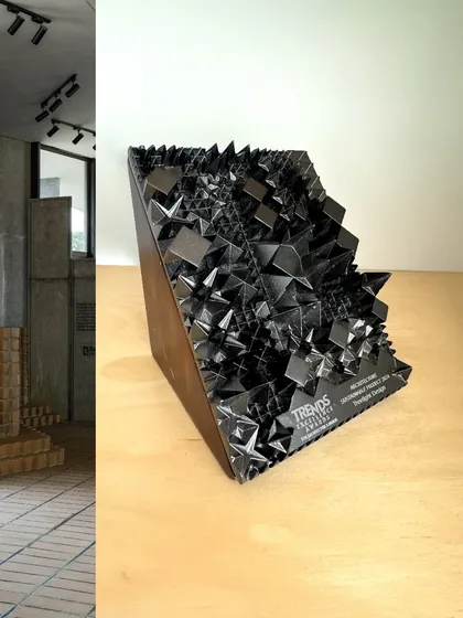 A split image celebrating another win for 'The Earth' at the Trends Excellence Awards, showing both the intricate award trophy and a detail of the project's interior.