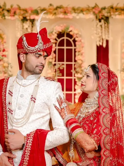 A royal portrait of Rohit and Neha on their wedding day. The way they look at each other shows their deep connection, which we love to capture.